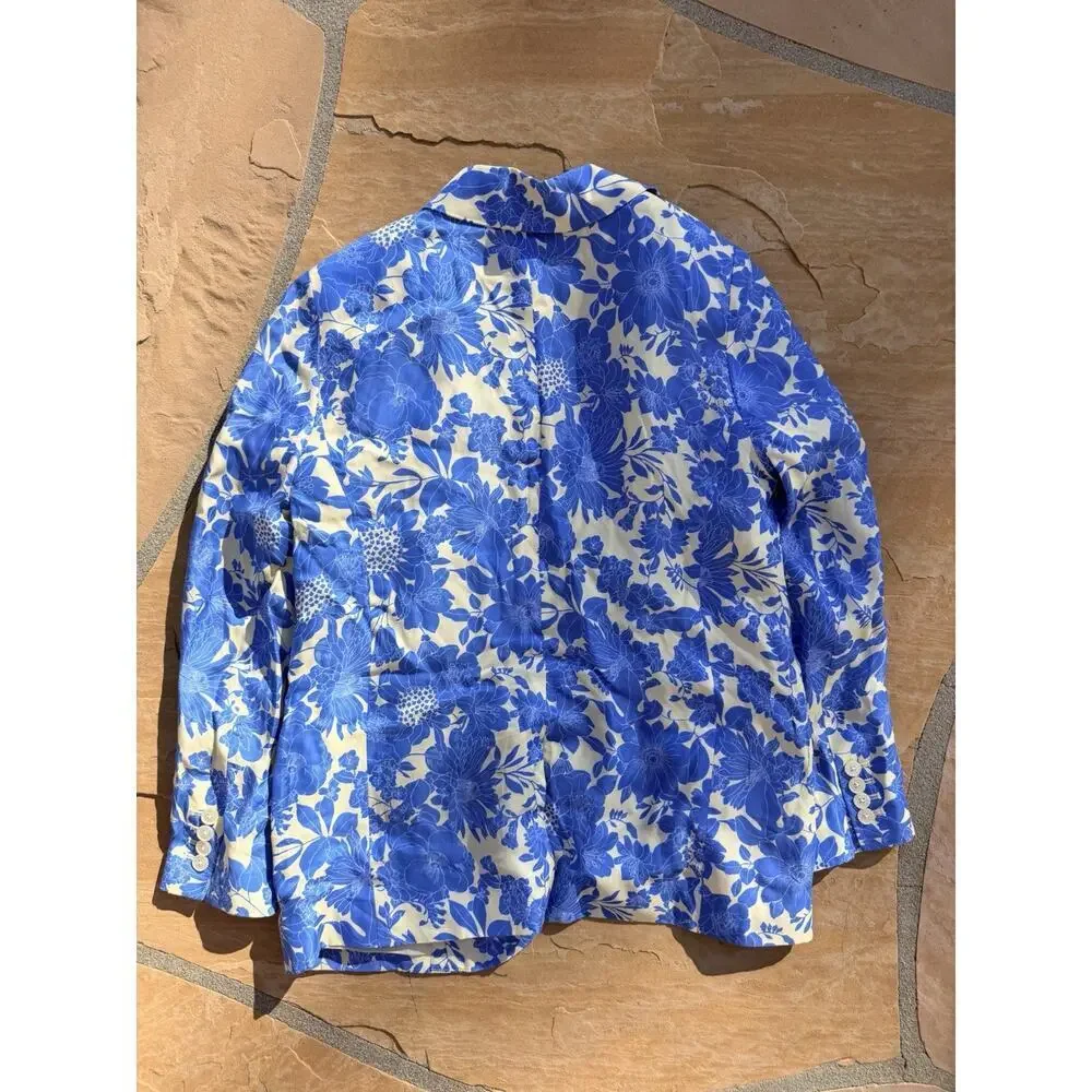 J.Crew Drapey Long Parke Printed Blazer Cupro Blend In Sail Blue Size 4 ES